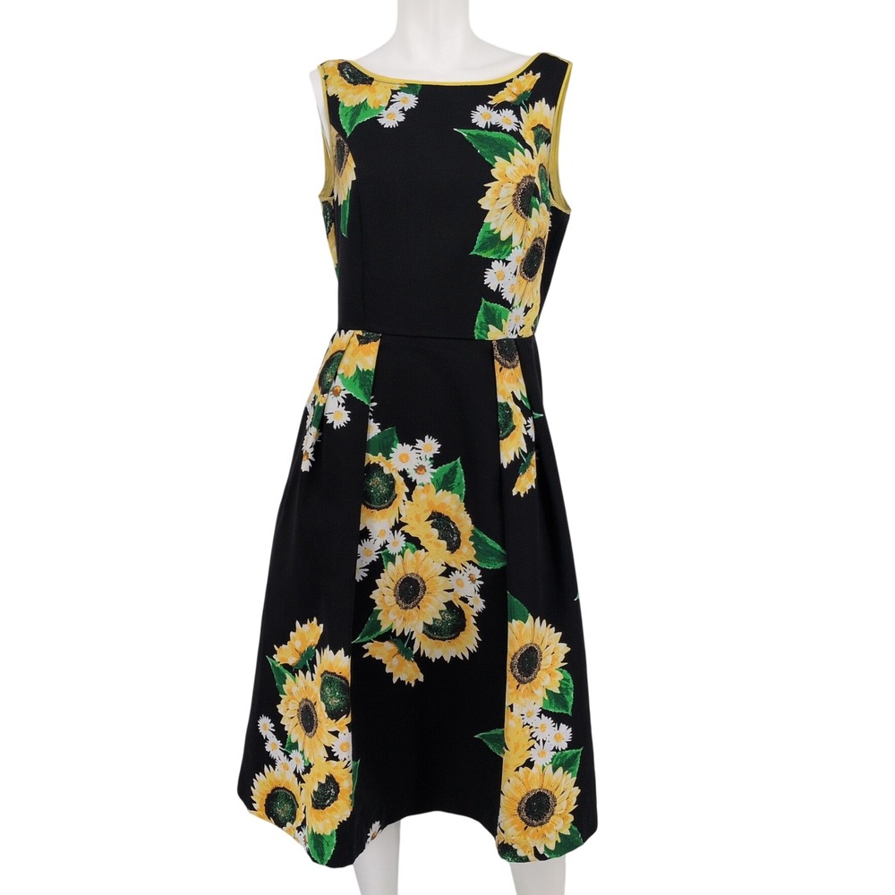 Sunflower Fit Flare Dress Floral Romantic Garden Party Pleated Twee Guest Size 8